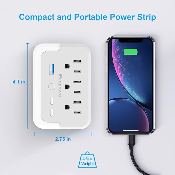 Portable Outlet Extender with Light Sensor lamp,Power Strip with 3 Outlet and 3 USB Ports(2 USB-C Ports && 1 USB-A Port Total 15.5W/3.1A).Multi Plug Wall Outlet for Home Travel Office-White
