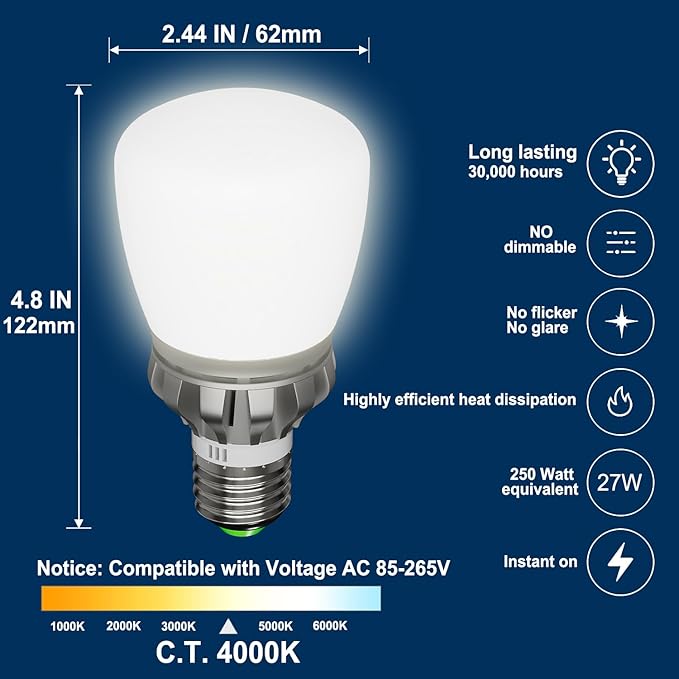 LED Light Bulbs, 250W Equivalent, 27W Non-Dimmable, 3670Lumens, 4000K, 1 Pack
