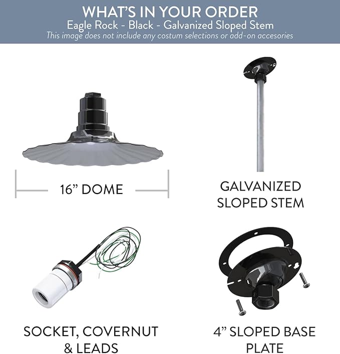 Steel Lighting Co. Eagle Rock Pendant | Ceiling Mounted Light | 16 inch Radial Wave | 12 inch Sloped Stem | Heavy Duty Steel Retro Farmhouse Style Made in America | Black Exterior/White Interior