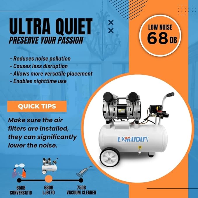 Portable 8 Gal Aluminum Tank Air Compressor, Rustproof, Lightweight at Only 37.5 Pounds, Efficiency Dual Air Intakes, Quiet Air Compressor, 68dB, Ideal for DIY, Home & Garage Applications