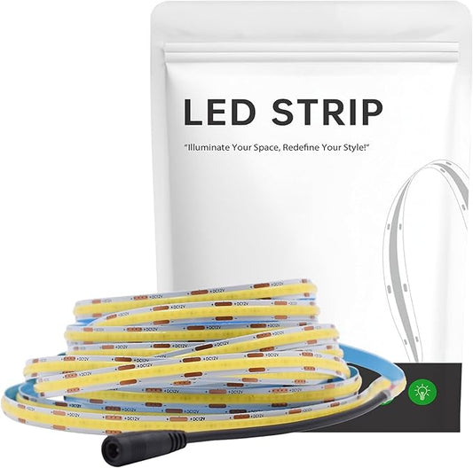 COB LED Strip Lights 12V 8W/M 16.4ft/5m 320LED/M White 6500K CRI90+ Flexible High Density LED Tape Lighting for Indoor Home Cabinet,Bedroom,Kitchen,DIY Lighting Project(No Adapter or Controller)