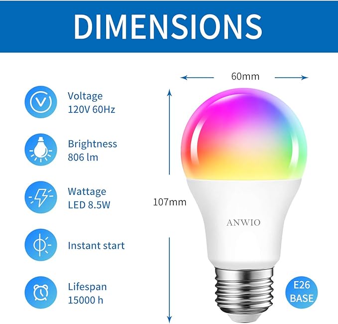 ANWIO 4-Pack Smart Light Bulbs 8.5W (60W Replacement) A19 E26 LED Bulb Work with Alexa, Google Assistant, Smart Life App, Tuya App, Color Changing, No Hub Required