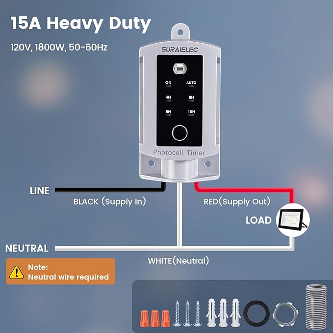 SURAIELEC 15 AMP Dusk to Dawn Timer Switch for Outdoor Electrical Boxes, 120V Photocell Power Control, for Waterproof Outlet Junction Box, Outside Lighting, Security System, Holiday Decorations