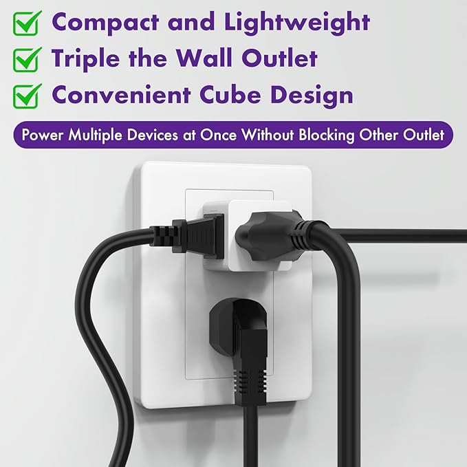 POWERCORDS 3 Power Blocks Outlet Splitter, 3 Pack, Grounded Wall Tap, 3-Prong Plug Adapter AC Multi Plug Wall Outlet, Power Splitter, Cruise Essentials, for Home Office School Dorm, UL Listed, White