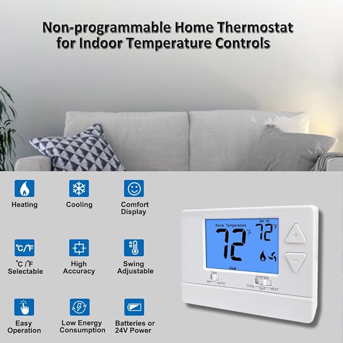 NonProgrammable Thermostat for House, Digital Energy-Saving Thermostat,Single-Stage Systems, 1 Heat/1 Cool, Easy DIY Install, Blue Backlight