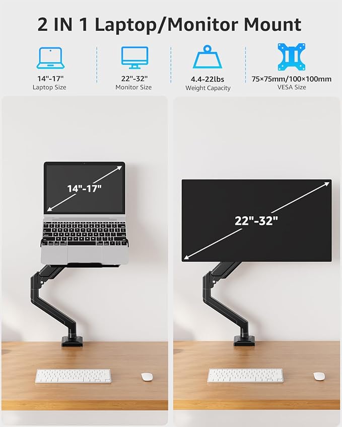 MOUNTUP Laptop Stand for Desk, 2-in-1 Monitor Mount with Laptop Tray Holds 4.4-22lbs, Adjustable Laptops Arm Mount for Max 17" Notebook & 32" Monitor, Laptops Desk Arm with Clamp/Grommet