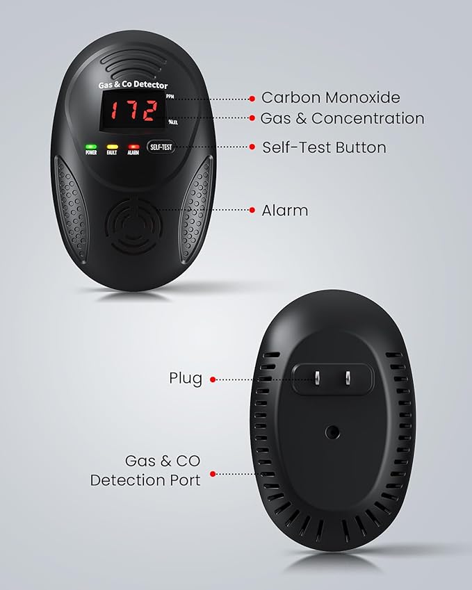 Carbon Monoxide Detectors and Natural Gas Detector, Carbon Monoxide Detectors Plug in, Gas Leak Detector with Dual Sensors - Natural, Propane, Co Leak Detection for Home, RV Essentials, Black, 1Pcs