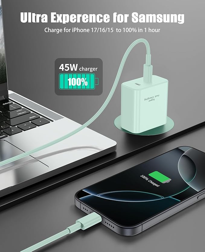 2 Pack 45W Super Fast Charger Type C for Samsung, USB C Android Phone Charger Fast Charging Block with 6FT/10FT Type C Charger Cord for Samsung Galaxy S25/S24/S23/S22+ Ultra/iPhone 17/16/15-Green