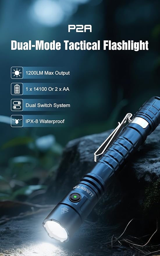 P2A Compact Dual-Mode Tactical Flashlight, 1200 Lumens Turbo Mode with 330m Beam Distance, USB-C Rechargeable 2xBattery, IP68 Waterproof, Pen-Shaped Design with Pocket Clip