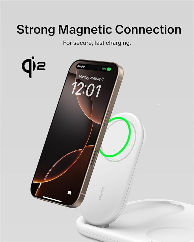 Belkin 3-in-1 MagSafe-Compatible iPhone Charger 15W, Foldable Magnetic Qi2-Certified Wireless Charging Station for iPhone 16, Apple Watch Series 10, AirPods 4, and More, w/Non-Slip Base & PSU - White