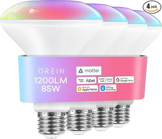 OREiN Matter Smart Light Bulb,1200 Lumens BR30 Smart Flood Light Bulbs Work with Alexa, Apple Home, Google Home, SmartThings, Color Changing Light Bulbs 2.4Ghz WiFi, 85W 4Pack
