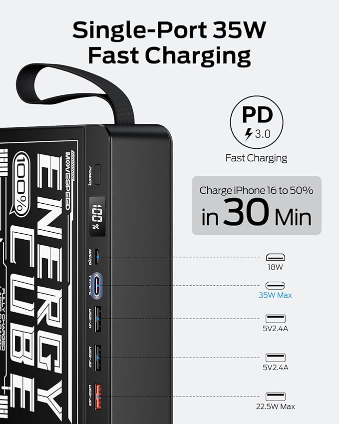 MOVE SPEED 70000mAh Power Bank, 35W PD 3.0 Fast Charging Portable Charger, 4 Outputs 2 Inputs High Capacity USB C Battery Pack with LED Display for Phone Tablet Outdoor Camping Office