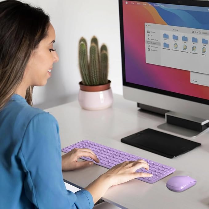 Cute Wireless Keyboard and Mouse Combo Slim 2.4GHz USB Cordless Full Size Silent Retro Keyboard and Mouse Set for PC Computer,Laptop,Windows,Mac,Tablets（Upgraded Violet）