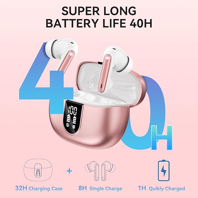 Wireless Earbuds, Bluetooth 5.3 Headphones 40Hrs Playtime Deep Bass Stereo, LED Power Display, Call Noise Canceling Headphones with Mic, IP7 Waterproof Earphones for iOS Android Rose Gold