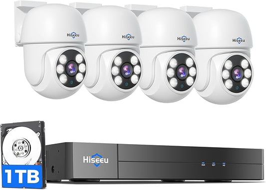 Hiseeu 360°View PTZ 3K Wired Security Camera System with Alarm Spotlight,Audio Person/Vehicle Detection 8ch 5MP DVR 4PCS Cameras 1TB HDD Home CCTV Camera System Outdoor,Night Vision,24/7 Record