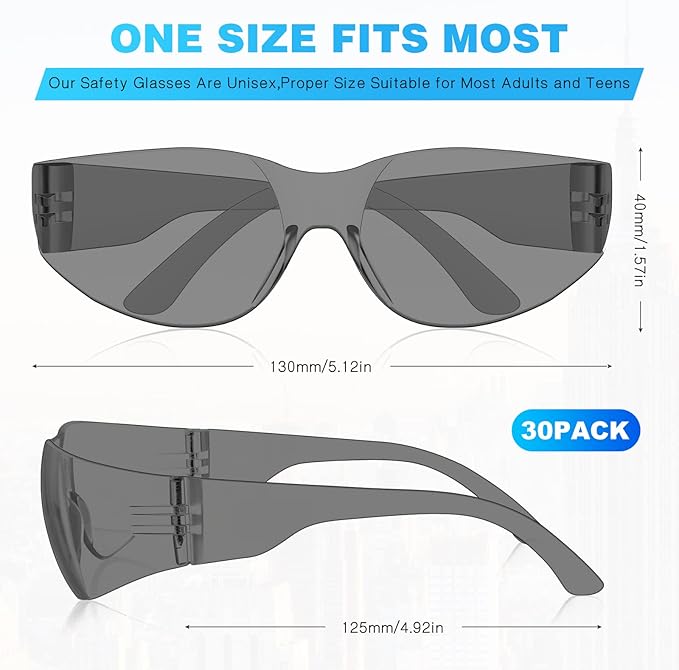 WFEANG Safety Glasses - Safety Sunglasses for Men & Women with ANSI Z87.1, Scratch & Impact Resistant Protective Eyewear for Work, Construction, Lab, Shooting (30-Pack Smoke)