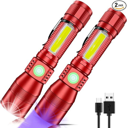 UV Flashlight Rechargeable, Black Light Flashlight with Magnet&Side Work Light 3in1 Tactical Flashlight Blacklight&Redlight, Zoomable, Waterproof LED Torch for Pet Urine Detector, Red,2Pcs
