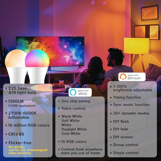 UCB Smart Light Bulbs 130W Equivalent, Color Changing Light Bulb, Work with Alexa Only, 16 Million Colors RGBWW, Music Sync, DIY Flash,1300LM A19 E26 Bluetooth Led Light Bulbs, No WiFi Required,4Pack