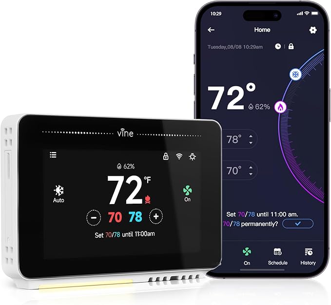 Vine Smart Thermostat for House with Nightlight, 4.3 Inches WiFi Thermostats for Home Work with Alexa and Google Assistant, 7day x 8period Programmable, C-Wire Required