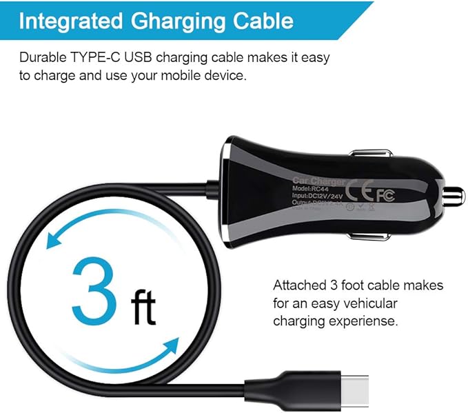 USB Type C Car Charger,Quick Charge 3.4A USB Car Adapter with 3ft Type C Charging Cable for Samsung Galaxy S23 Ultra S22 S21 S20 A10e A15 A14 A25 A54 A53 S10 S9 S8 Plus,Note 20/10,LG G8 G7 V40 V35 V60