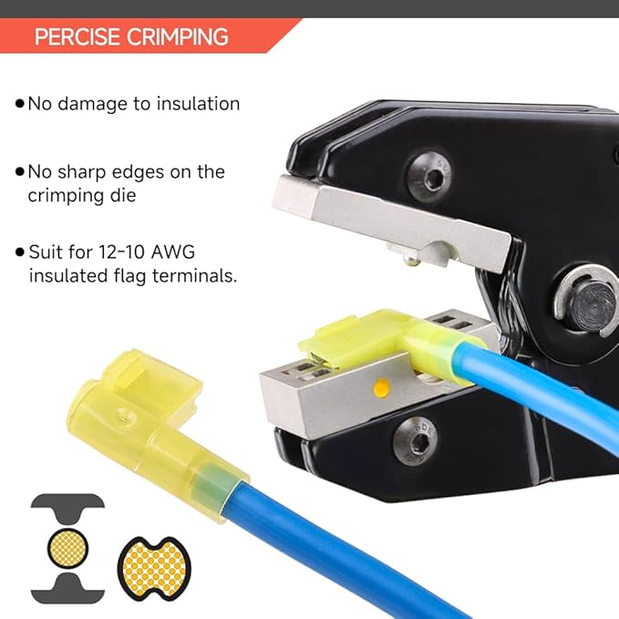 HKS Crimping Tool for Insulated Flag Terminals - Ratcheting Wire Crimpers -12-10AWG (4-6mm²) - Ratchet Terminal Crimper - Electrical Crimping Tool
