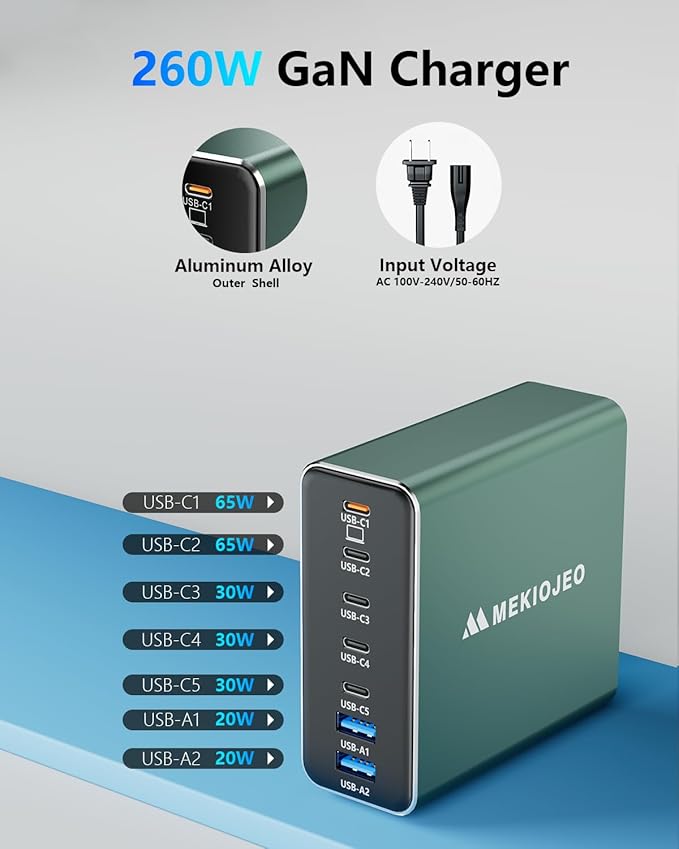 Aluminum Alloy USB C Charger 260W GaN Fast USB C Charging Station 7 Ports 65W Laptop Charger for MacBook Pro/Air/iPad Pro/iPhone (Green-5C2A)