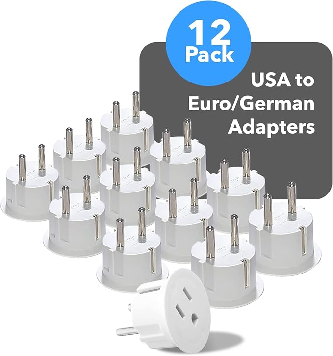 OREI American USA To European plug adapter – Type E/F schuko plug adapter - Use in Germany, France, & more - CE Certified – For Mobile, Laptop & Camera Chargers - 12 Pack
