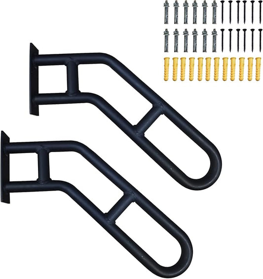 2 Pack Bent Stair Handrails for Outdoor Steps，Hand Railings for 1-3 Steps with Black Matte Finish，Wall Mounted Railings Safety Grab Bar with 2 Anti-Skid Crossbar for Garage, Porch, Garden, Yard
