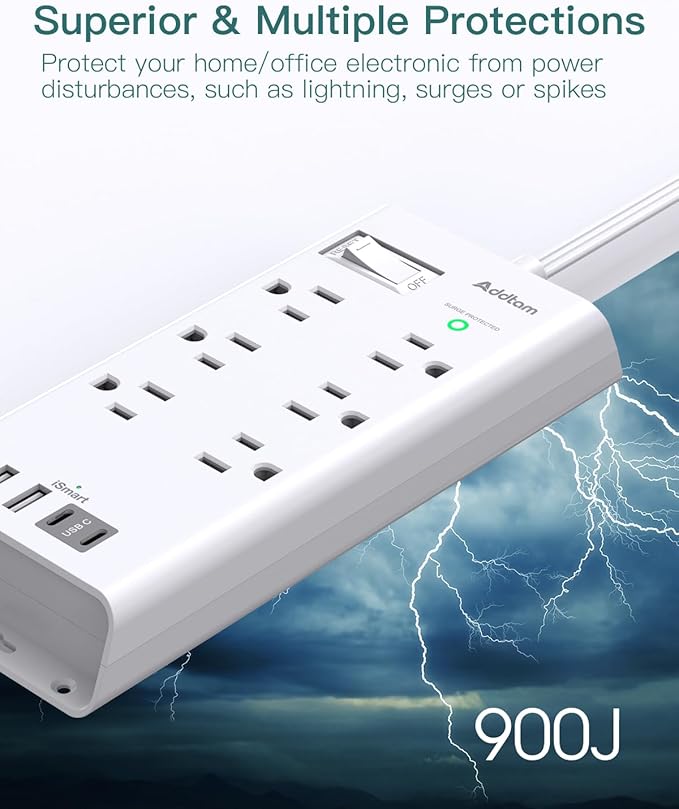 10ft Flat Plug Extension Cord, Surge Protector Power Strip With 6 Outlets and 4 USB Ports (2 USB C), Multiple Outlets for Home Dorm Room Essentials