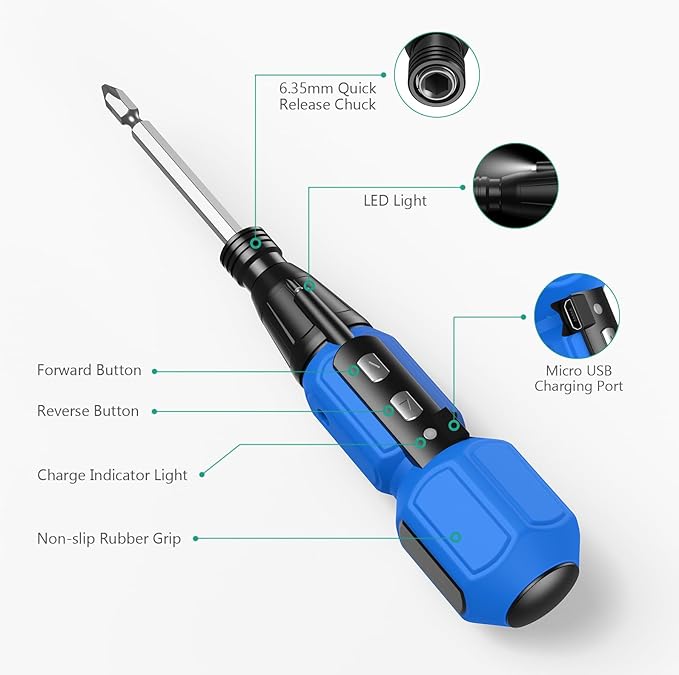 ORIA Cordless Electric Screwdriver Set, Rechargeable Cordless Screwdriver, Mini Electric Repair Tool Kit with 10 Bits, LED Lights, USB Cable, Bits Holder, for PC, Keyboard, Toys, Glasses, Blue