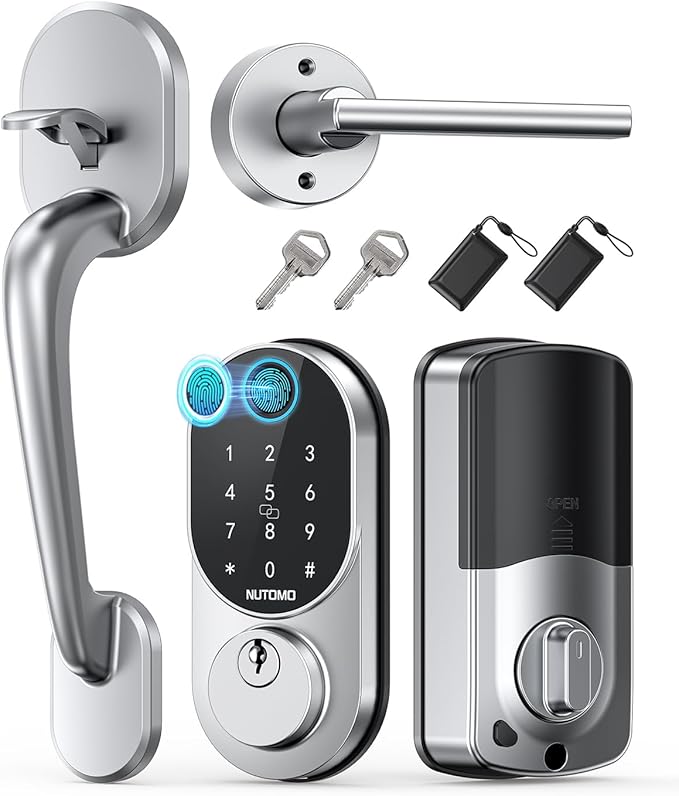 Keyless Entry Door Lock with Handle: NUTOMO Silver Fingerprint Door Lock Set,Smart Front Door Handle,Electronic Keypad Deadbolt for Front Door，Easy Installation Code Auto Lock for Home