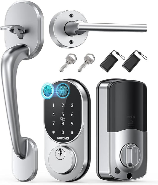 Keyless Entry Door Lock with Handle: NUTOMO Silver Fingerprint Door Lock Set,Smart Front Door Handle,Electronic Keypad Deadbolt for Front Door，Easy Installation Code Auto Lock for Home