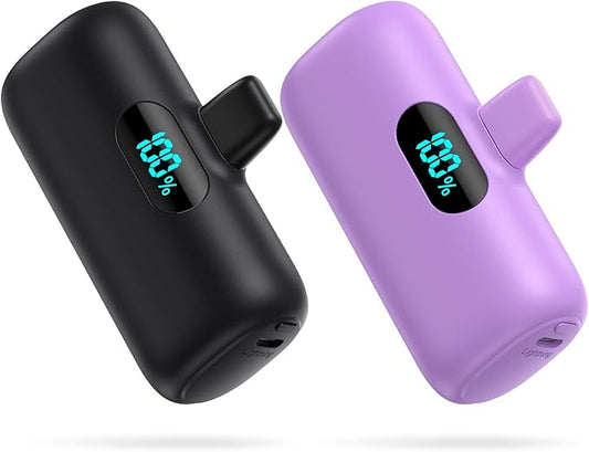 [2 Pack] Small Portable Charger for iPhone,Upgraded 5000mAh PD Fast Charging Power Bank, LCD Display Cute Mini Battery Pack Compatible with iPhone 14/14 Pro Max/13/13 Pro/12 Pro/11/XR/X/8,Black+Purple