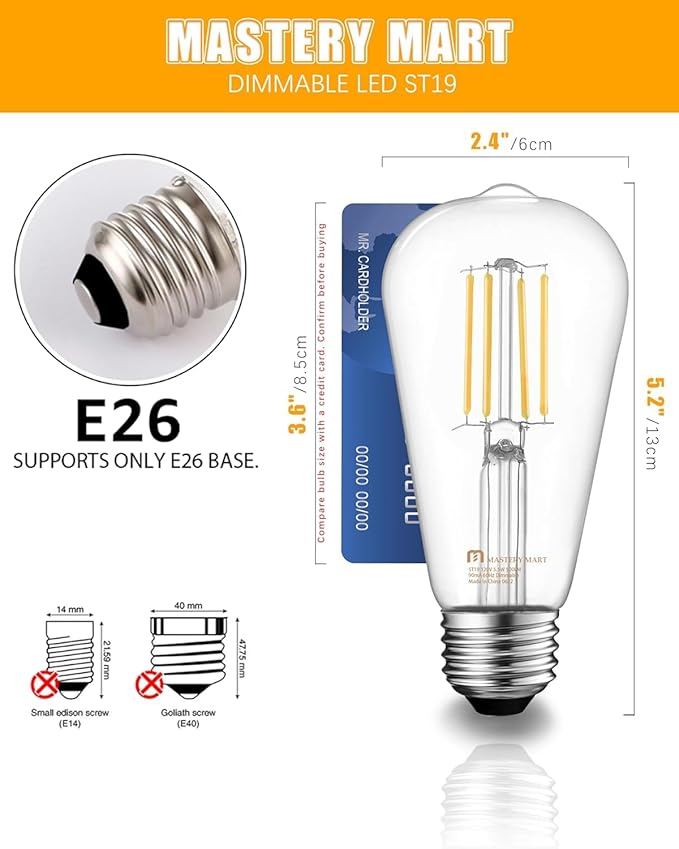 Mastery Mart 90 Pack Vintage LED Light Bulb 2700K Soft White, Dimmable, 5.5W (60 Watt Equivalent), ST21/ ST64 Clear Glass Antique Edison Style, 500LM E26 Decorative Filament Bulb