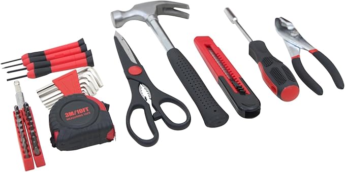 39-Piece Household Tools Kit - Comprehensive and Essential Repair Set Tools for College Students, Home Use & More (39p-red)