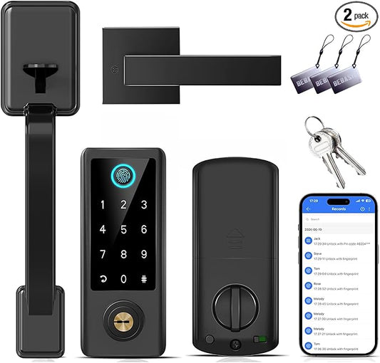 BEBASIA Fingerprint Door Lock for Front Door with Handle Set, App Control, Smart Keyless Entry Digital Electronic Keypad Touchscreen Deadbolt, Easy Install, Auto Lock, Black