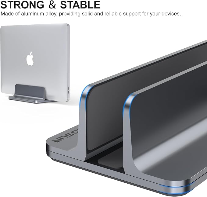 Aluminum Vertical Laptop Stand for Desk - Adjustable Width Dock for MacBook, Surface, Samsung, HP, Dell up to 17.3 inches - Space-Saving & Protective Design - Gray