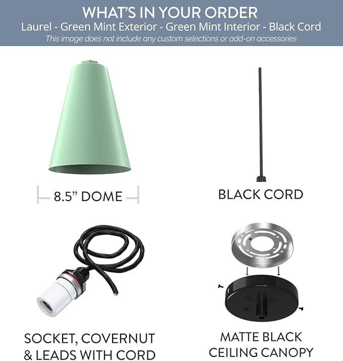Steel Lighting Co. Laurel Pendant Light | Ceiling Mounted | 8.5 inch Cone Shade | Modern Contemporary Farmhouse Style Made in America | Black Cord | Mint Green Exterior/Green Mint Interior