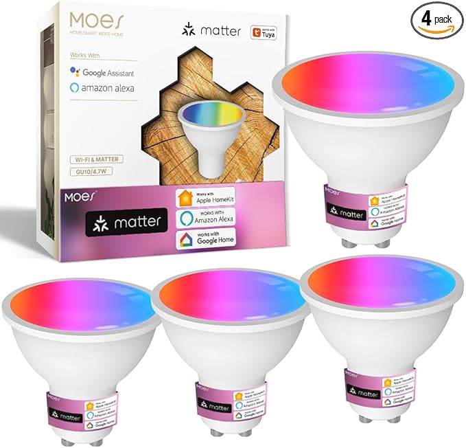 MOES Matter Smart GU10 LED Light Bulbs, Color Changing WiFi Bulbs, 2700K-6500K CW& RGB Dimmable, Smart Life Remote Control, Work with Apple Homekit/Alexa/Google Home, 400lm 5W 4 Pack