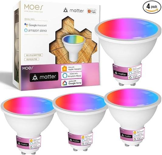 MOES Matter Smart GU10 LED Light Bulbs, Color Changing WiFi Bulbs, 2700K-6500K CW& RGB Dimmable, Smart Life Remote Control, Work with Apple Homekit/Alexa/Google Home, 400lm 5W 4 Pack