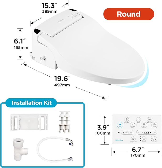 Blooming NB-R1260R Bidet Toilet Seat - Smart Toilet Seat, Warm Water, Dryer, Heated Seat, Sittable Lid, LED Nightlight - White - Attachment with Remote Control (Round)