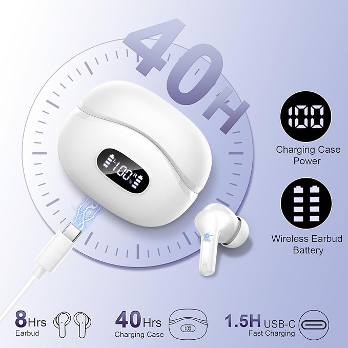 Wireless Earbud, Bluetooth 5.3 Headphones Wireless with ENC Noise Cancelling Mics, 40H Wireless in Ear Earphones with Deep Bass, IP7 Waterproof Ear bud in Ear with LED Power Display for Android/iOS