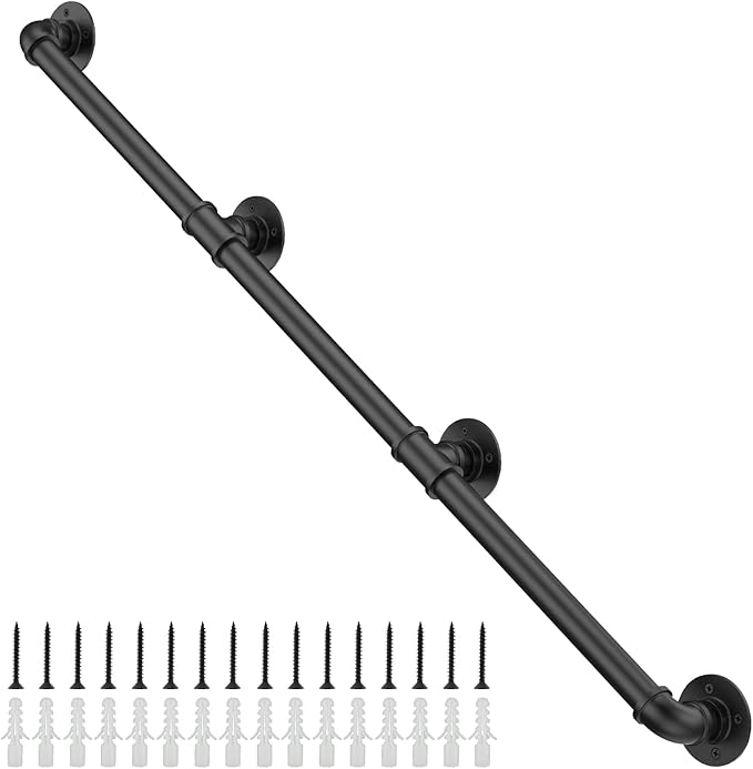 Willstar 11.4FT Industrial Staircase Handrail Non-Slip Pipe Bar Foot Rail Wall Mount Stair Rail Vintage Grab Bar for Steps Black Iron Pipe Handrail for Outdoor Indoor Stairs Loft Porch Hand Rail