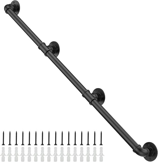 Willstar 11.4FT Industrial Staircase Handrail Non-Slip Pipe Bar Foot Rail Wall Mount Stair Rail Vintage Grab Bar for Steps Black Iron Pipe Handrail for Outdoor Indoor Stairs Loft Porch Hand Rail