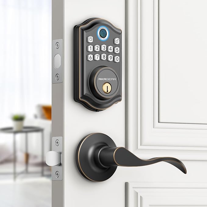 DS10 Keyless Entry Door Lock with 2 Lever Handle, Fingerprint, Keypad Code, 2 Keys, Smart Locks for Front Door, Bedroom, One-time Code, Auto-Lock, Easy Installation