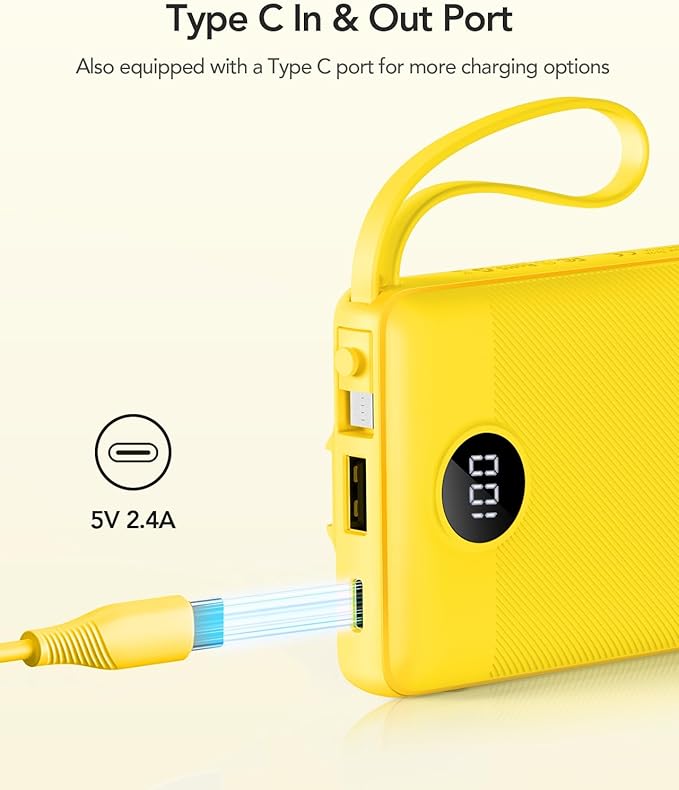 VRURC Portable Charger with Built-in Cables, 10000mAh LED Display USB C Power Bank, Slim Travel Battery Pack with 5 Output 2 Input Compatible with iPhone,Samsung,Android etc-Yellow(1 Pack)