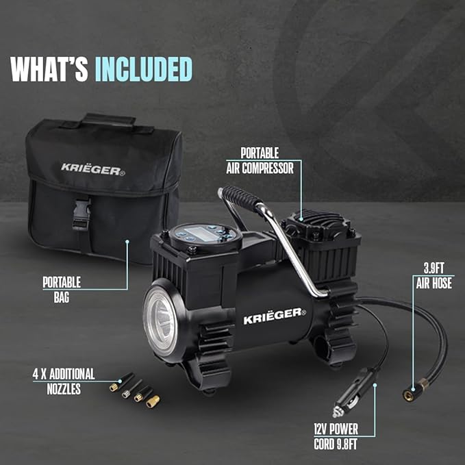 K KRIËGER Air Compressor Portable Tire Inflator 12V DC Air Pump for Car Tires with Digital Tire Pressure Gauge 120 Max PSI Preset Pressure Feature, LED, Digital Display Includes Storage Bag