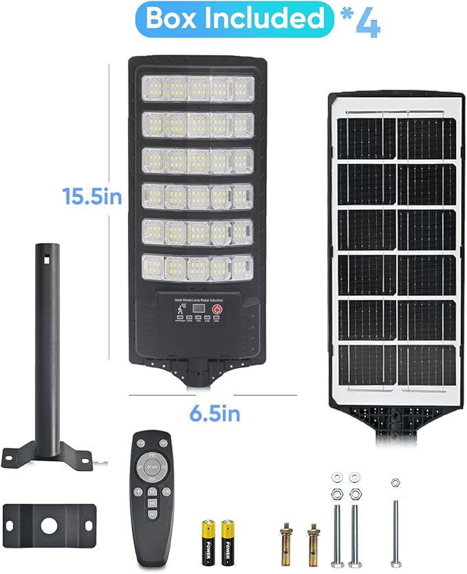 4 Pack Solar Street Light Outdoor 30000LM 6500K Waterproof Motion Sensor LED Solar Powered Flood Light with Remote Control Dusk to Dawn Commercial Area Lighting for Outside Parking Lot