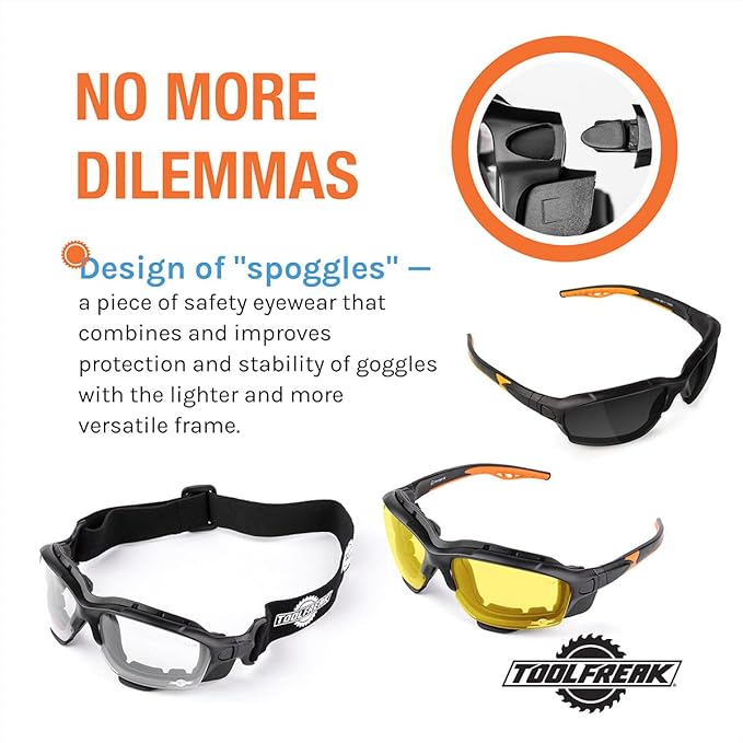ToolFreak Spoggles Safety Glasses, Clear, Smoke and Yellow Tinted Polycarbonate Lens Mega Bundle Offer, Foam Padded, ANSI z87 Rated with Impact and UV Rating