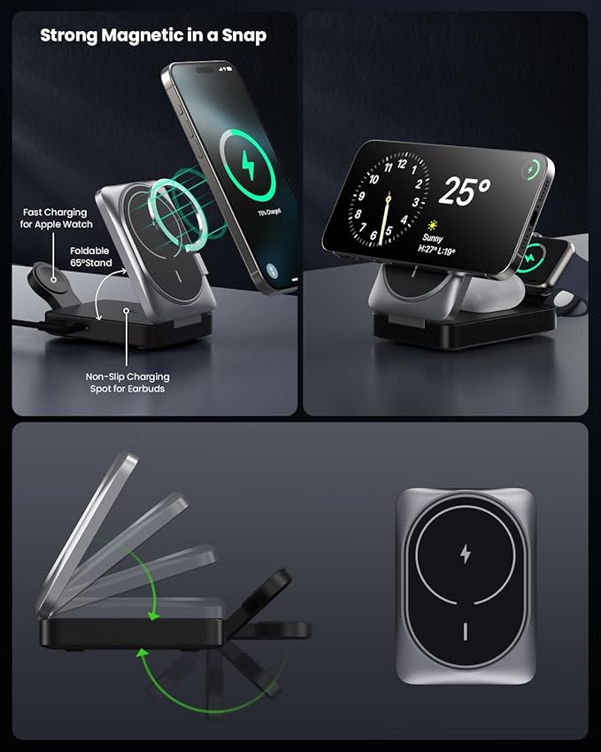 3-in-1 Wireless Charger Charging Station for iPhone, Qi2 Certified 15W Fast Charging Foldable Magnetic Charger Stand with 30W USB C Adapter for MagSafe iPhone 16/15/14/13/12, Apple Watch, AirPods